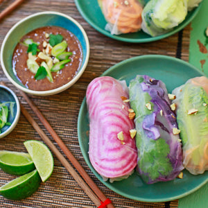 Rainbow Spring Rolls with Almond Dipping Sauce